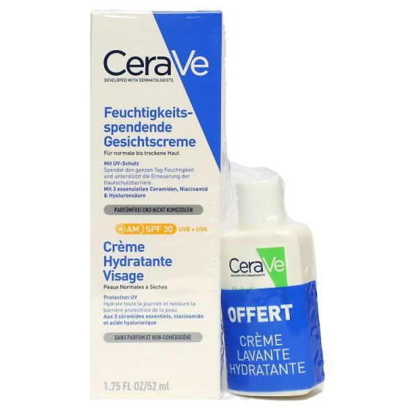 CeraVe Crème hydratante visage SPF30 52ml + crème lavante 20ml offerte