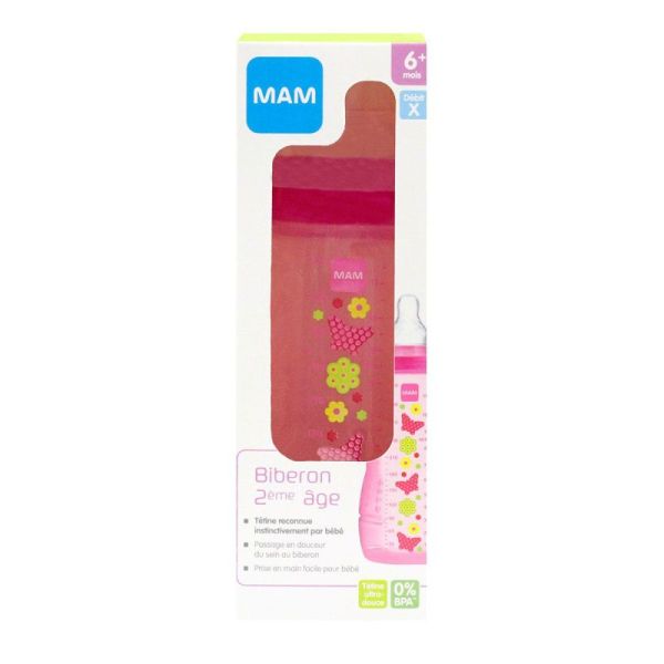 MAM Biberon 2ème âge 6 mois et + 330ml décor rose