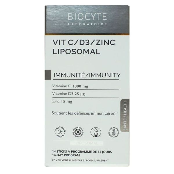 Biocyte Vitamine C D3 Zinc liposomal immunité goût ananas 14 sticks